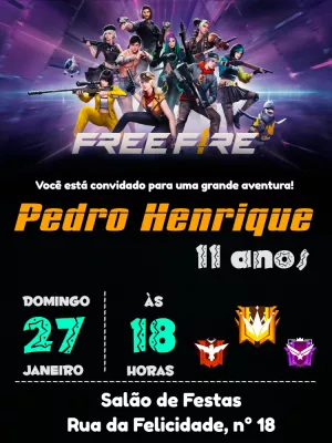 Convite de Aniversário Free Fire com Personagens para Editar