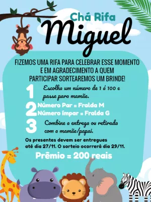 Convite Chá Rifa Safari com Animais para Editar Online