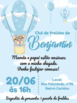 Convite Chá de Fraldas Ursinho Baloeiro para Editar Online