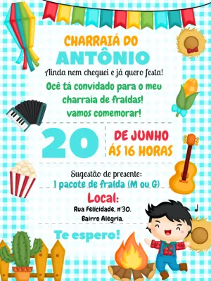 Convite Charraiá de Fraldas Menino Caipira para Editar Online