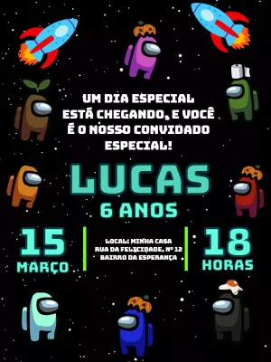 Convite de Aniversário Among Us com Personagens para Editar Online