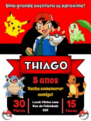 Convite de Aniversário Pokémon com Ash e Pikachu para Editar