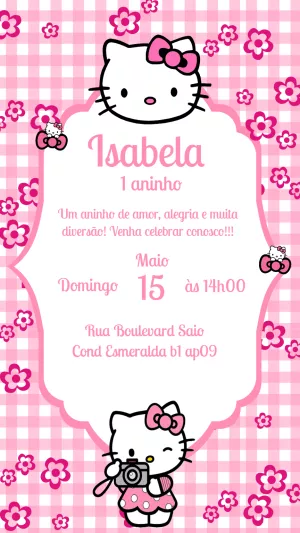 Convite de Aniversário Hello Kitty Rosa para Editar Online