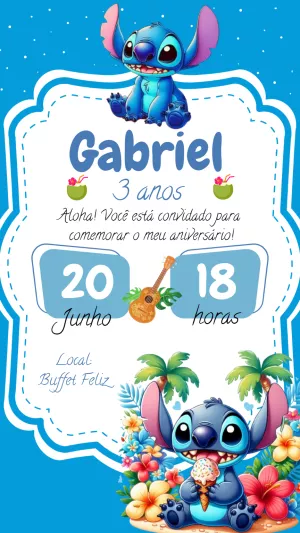 Convite de Aniversário Stitch para Editar e Personalizar