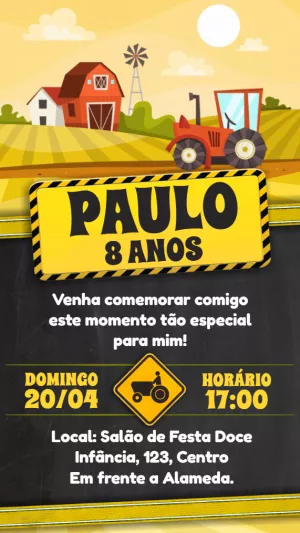 Convite de Aniversário Trator e Fazendinha para Editar Online