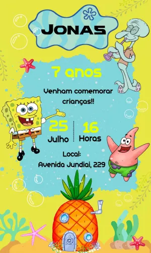 Convite Aniversário Bob Esponja com Personagens para Editar