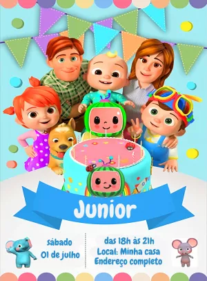 Convite de Aniversário Cocomelon com a Família para Editar Online