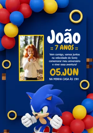 Convite de Aniversário Sonic com Foto para Editar Online