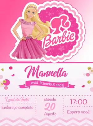 Convite de Aniversário Barbie Rosa para Editar e Imprimir