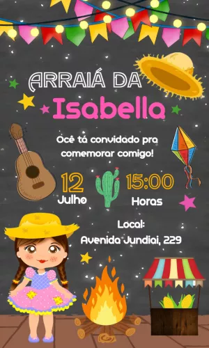 Convite Aniversário Festa Junina Menina Caipira para Editar