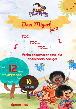 Convite de Aniversário 3 Palavrinhas com Turma para Editar
