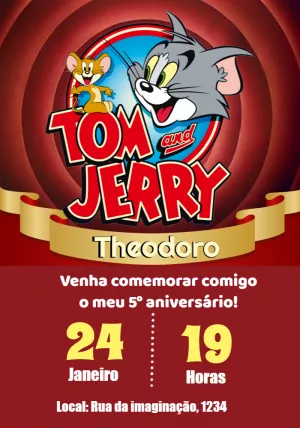 Convite de Aniversário Tom e Jerry Pose Clássica para Editar