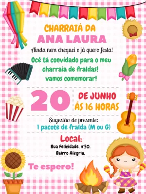 Convite Charraiá de Fraldas Festa Junina para Editar Online