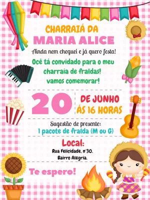 Convite Charraiá de Fraldas Junino para Editar Online