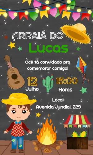 Convite Arraiá Infantil com Menino Caipira para Editar Online
