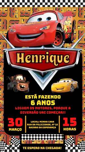 Convite Aniversário Carros com Relâmpago McQueen para Editar