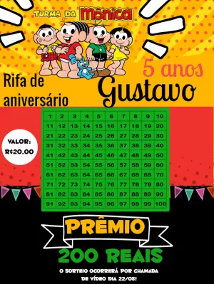 Rifa de Aniversário Turma da Mônica para Editar Online