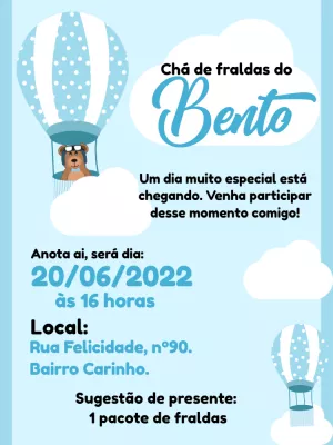 Convite Chá de Fraldas Ursinho Baloeiro para Editar Online