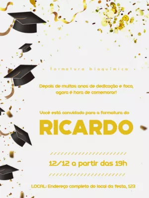 Convite de Formatura Dourado com Confete para Editar Online