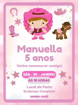 Convite de Aniversário Boiadeira Rosa para Editar Online