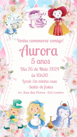 Convite Aniversário Alice no País das Maravilhas para Editar