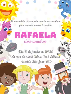 Convite de Aniversário Mundo Bita com Personagens para Editar