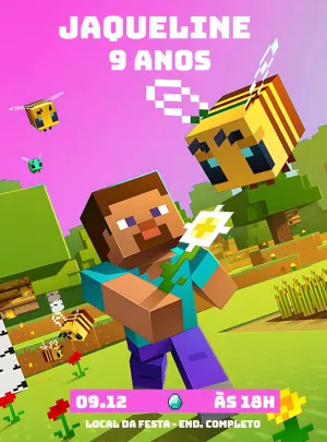 Convite de Aniversário Minecraft Rosa para Editar Online
