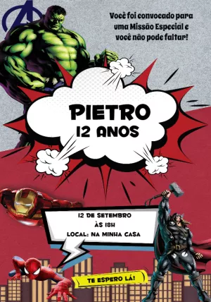Convite de Aniversário Vingadores com Heróis para Editar Online