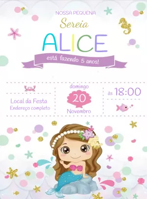 Convite Aniversário Sereia Fofa para Editar Online