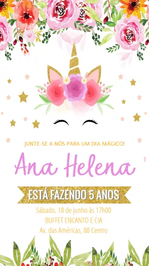 Convite Aniversário Unicórnio com Flores para Editar Online