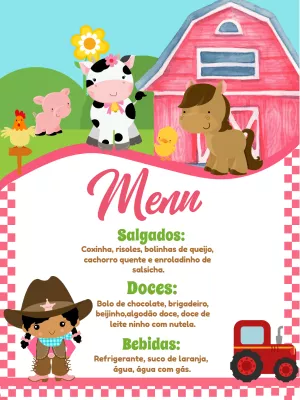 Menu Aniversário Fazendinha Editável com Animais Fofos