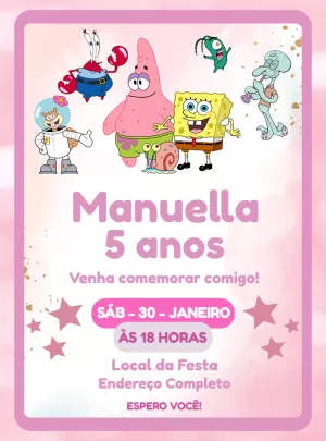 Convite de Aniversário Bob Esponja Rosa para Editar Online