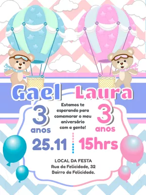 Convite Aniversário Duplo Ursinhos Baloeiros para Editar Online