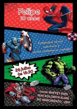 Convite Aniversário Vingadores com Heróis para Editar Online