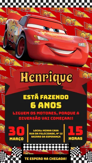Convite de Aniversário Carros Relâmpago McQueen para Editar