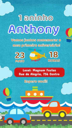 Convite de Aniversário Meios de Transporte para Editar Online
