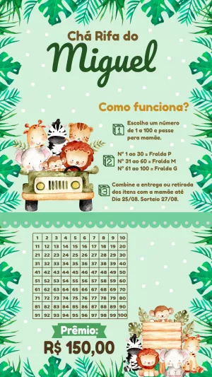 Convite Chá Rifa Safari com Animais para Editar Online