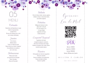 Menu de Casamento Lilás com Flores para Editar Online