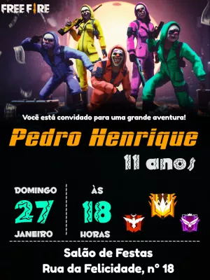 Convite de Aniversário Free Fire com Skins para Editar Online