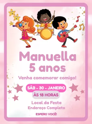 Convite de Aniversário Infantil Banda Musical para Editar Online