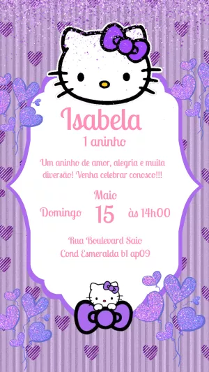 Convite de Aniversário Hello Kitty Roxo para Editar Online