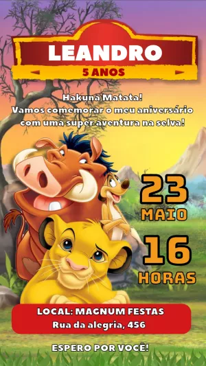 Convite de Aniversário Rei Leão com Personagens para Editar