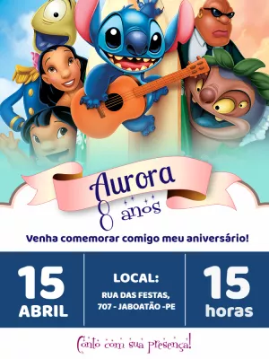 Convite de Aniversário Lilo & Stitch com Personagens para Editar