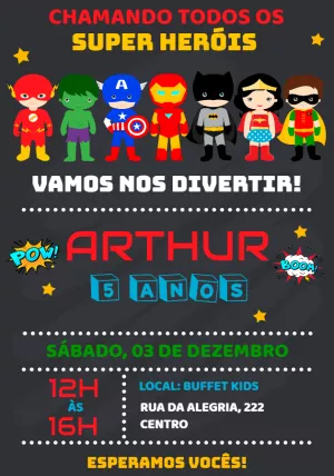 Convite de Aniversário Super Heróis para Editar Online