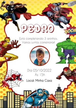 Convite Aniversário Vingadores com Foto para Editar Online