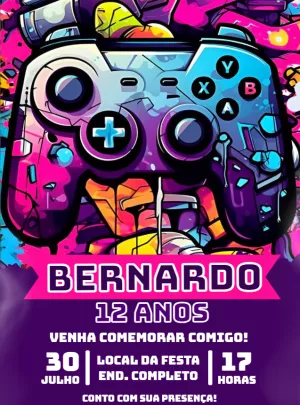 Convite Aniversário Gamer com Joystick Colorido para Editar