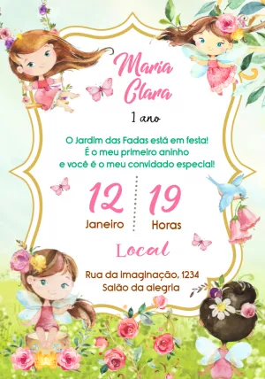 Convite de Aniversário Jardim das Fadas para Editar Online
