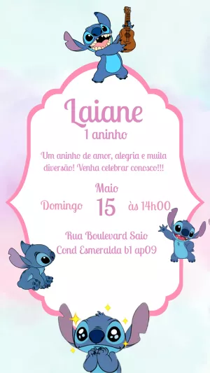Convite Aniversário Stitch Fofo para Editar e Enviar Online