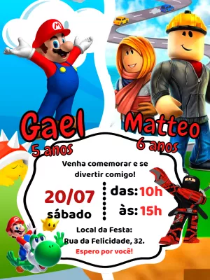 Convite Aniversário Duplo Mario e Roblox para Editar Online
