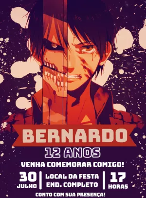 Convite Aniversário Eren Yeager Attack on Titan para Editar Online